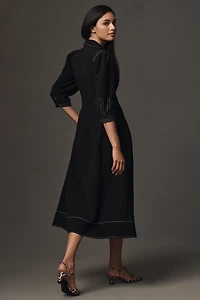 English Factory Long-Sleeve Collared Center-Pleat A-Line Midi Dress