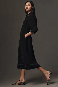 English Factory Long-Sleeve Collared Center-Pleat A-Line Midi Dress