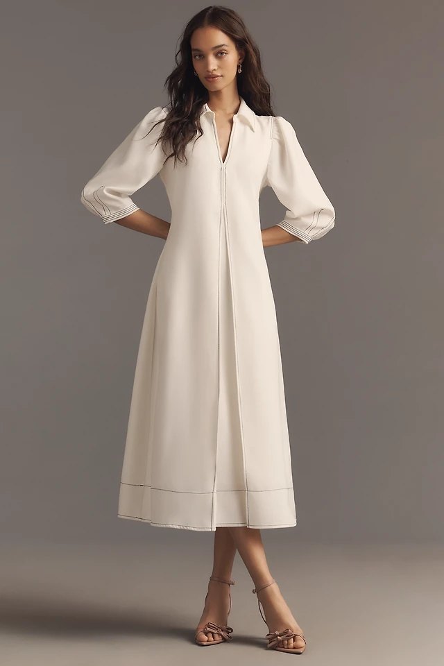 english factory long-sleeve collared center-pleat a-line midi dress Women's Pleated Collared Long Sleeve Midi Dress