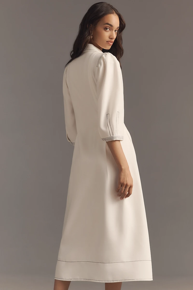 English Factory Long-Sleeve Collared Center-Pleat A-Line Midi Dress