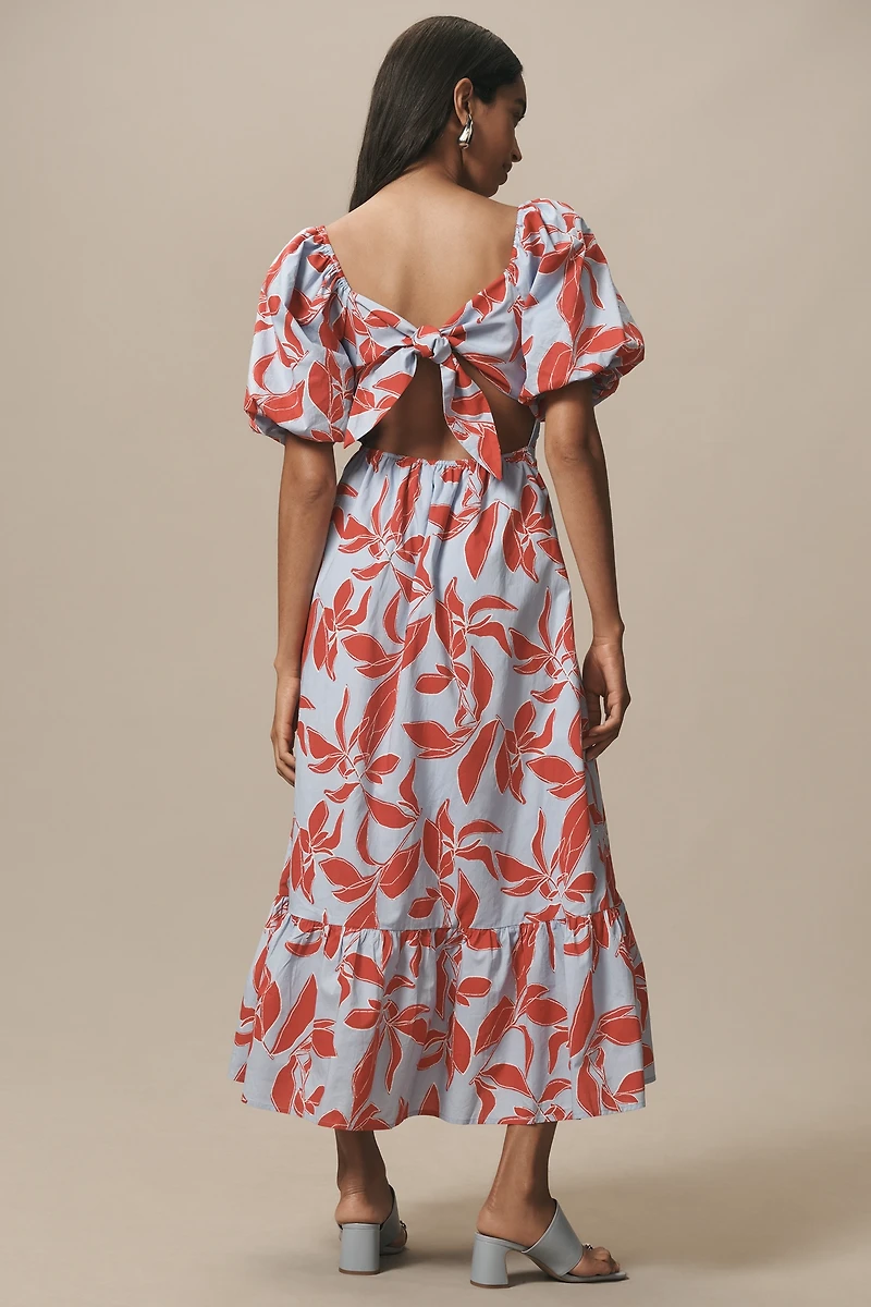 English Factory Puff-Sleeve Tie-Back Cotton Midi Dress