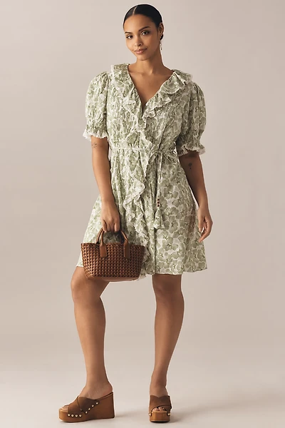 English Factory Plus Puff-Sleeve V-Neck Ruffled Mini Dress