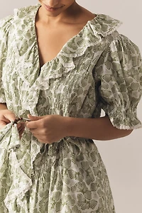 English Factory Plus Puff-Sleeve V-Neck Ruffled Mini Dress