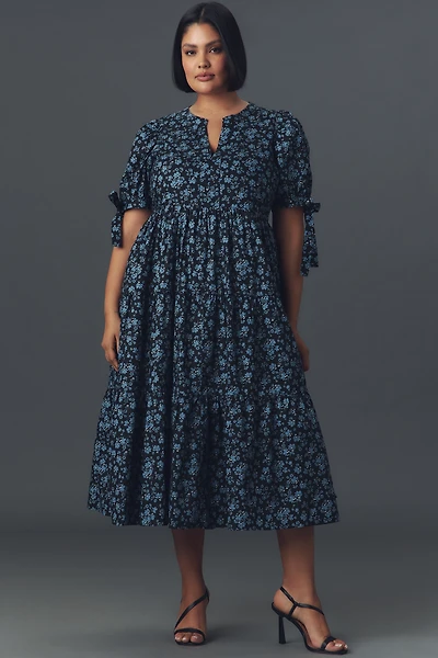 English Factory Plus Puff-Sleeve Tiered Floral Midi Dress