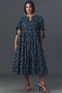 English Factory Plus Puff-Sleeve Tiered Floral Midi Dress