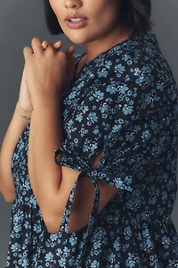 English Factory Plus Puff-Sleeve Tiered Floral Midi Dress