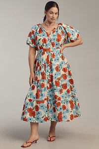 English Factory Plus Puff-Sleeve Tiered Floral Midi Dress