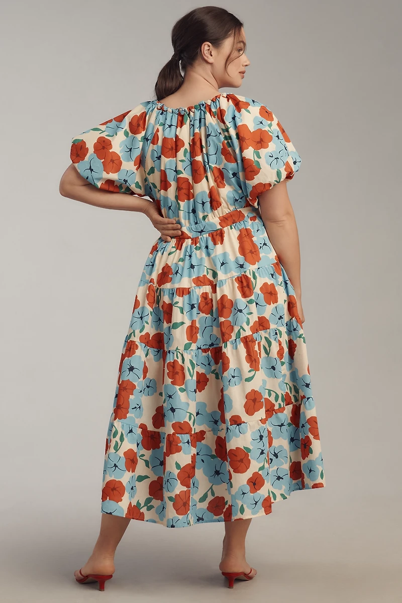 English Factory Plus Puff-Sleeve Tiered Floral Midi Dress