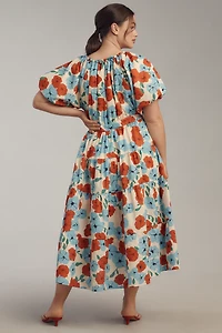English Factory Plus Puff-Sleeve Tiered Floral Midi Dress