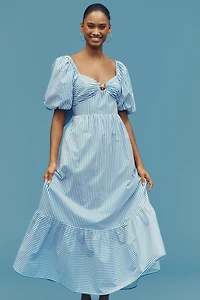 English Factory Puff-Sleeve Open-Back A-Line Midi Dress