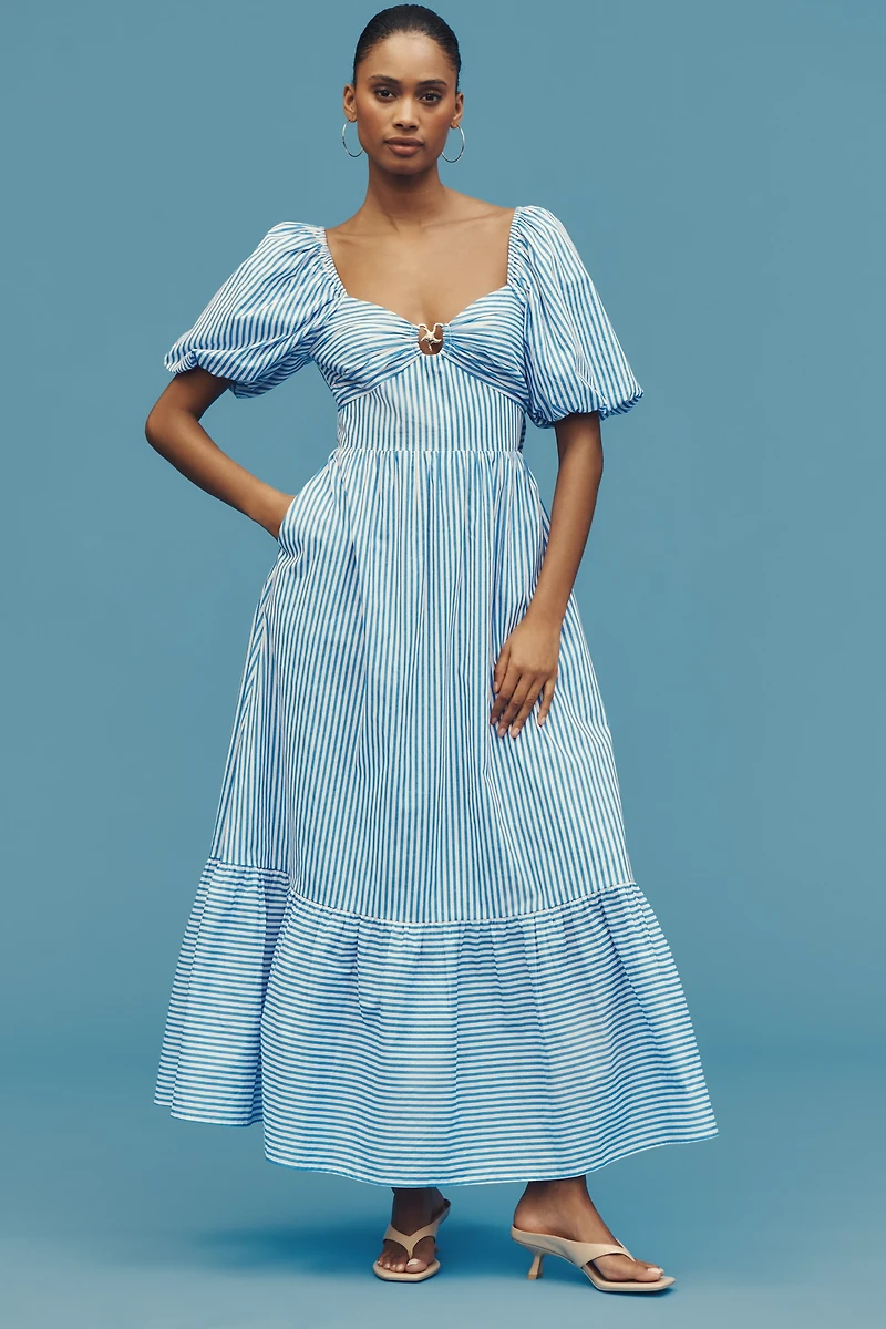 English Factory Puff-Sleeve Open-Back A-Line Midi Dress