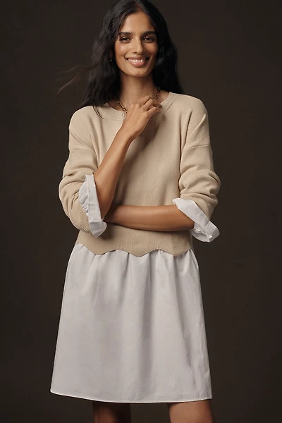 English Factory Linen Blend Long-Sleeve Sweater Twofer Mini Dress
