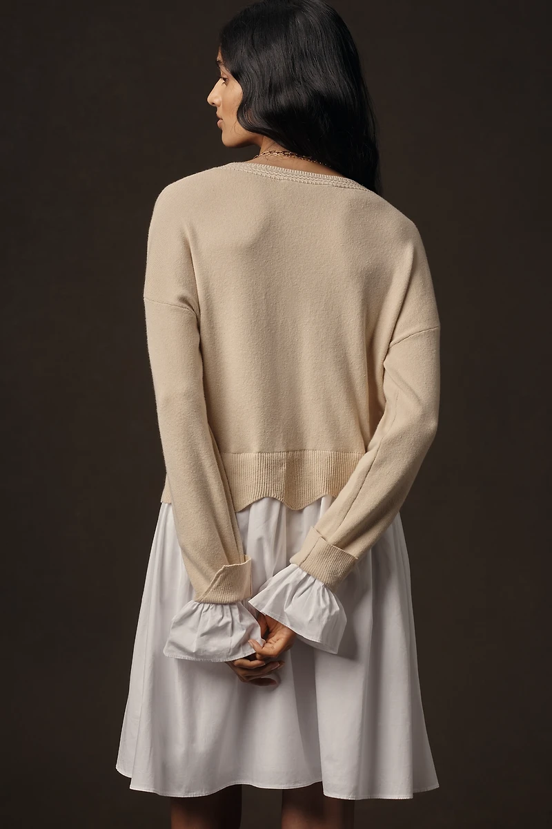 English Factory Linen Blend Long-Sleeve Sweater Twofer Mini Dress