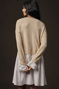 English Factory Linen Blend Long-Sleeve Sweater Twofer Mini Dress