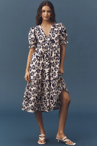 English Factory Puff-Sleeve V-Neck Midi Dress