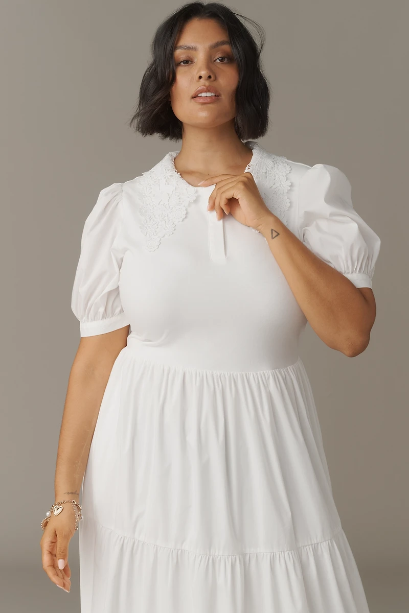 English Factory Puff-Sleeve Piped Midi Dress