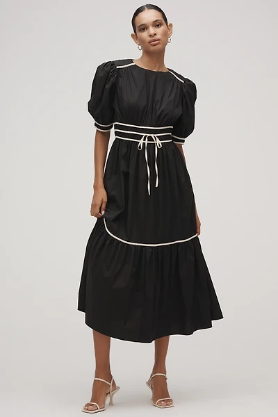 English Factory Puff-Sleeve Piped Midi Dress