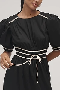 English Factory Puff-Sleeve Piped Midi Dress