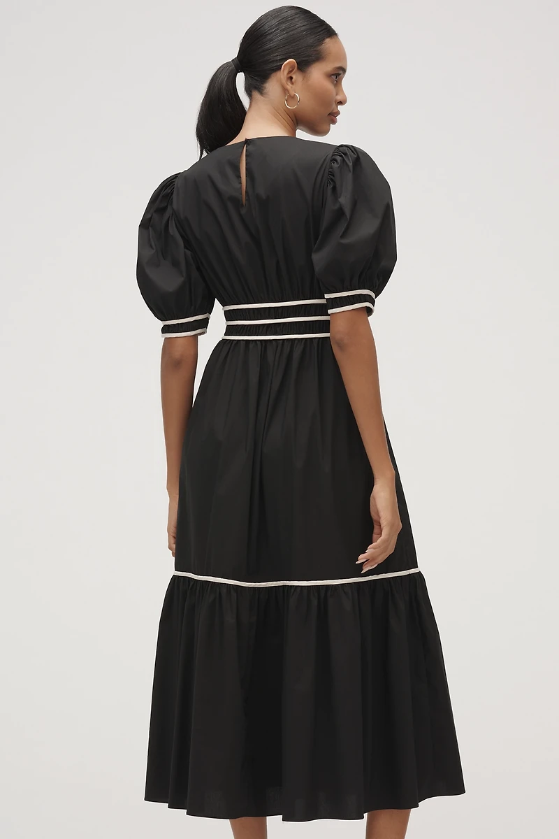 English Factory Puff-Sleeve Piped Midi Dress
