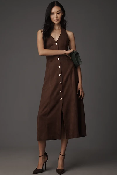 Endless Rose Faux-Suede Halter V-Neck Midi Dress