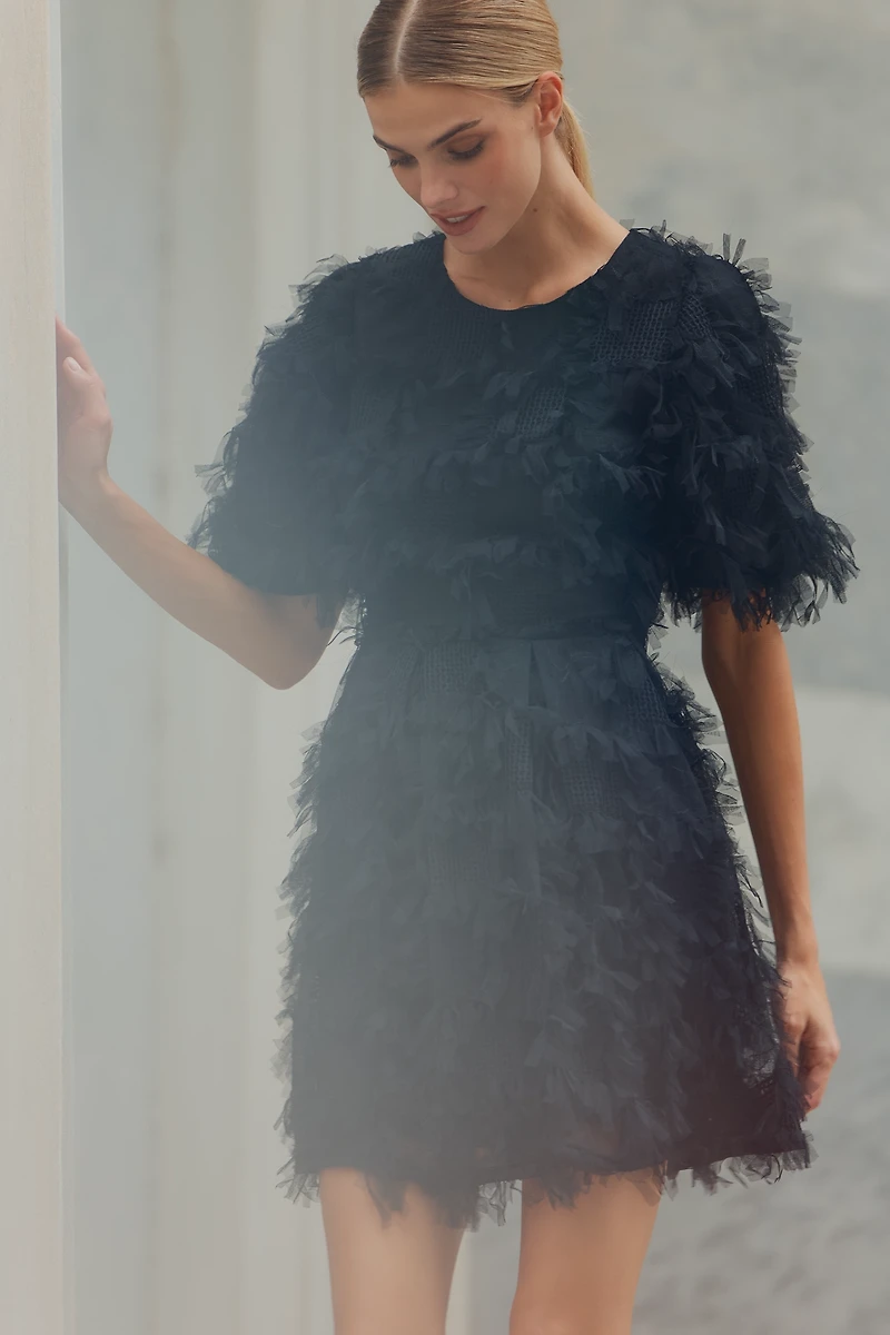 Endless Rose Short-Sleeve Faux-Feather Mini Dress