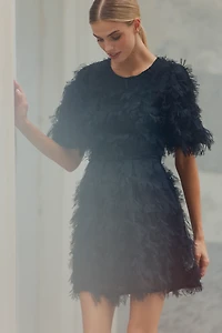 Endless Rose Short-Sleeve Faux-Feather Mini Dress