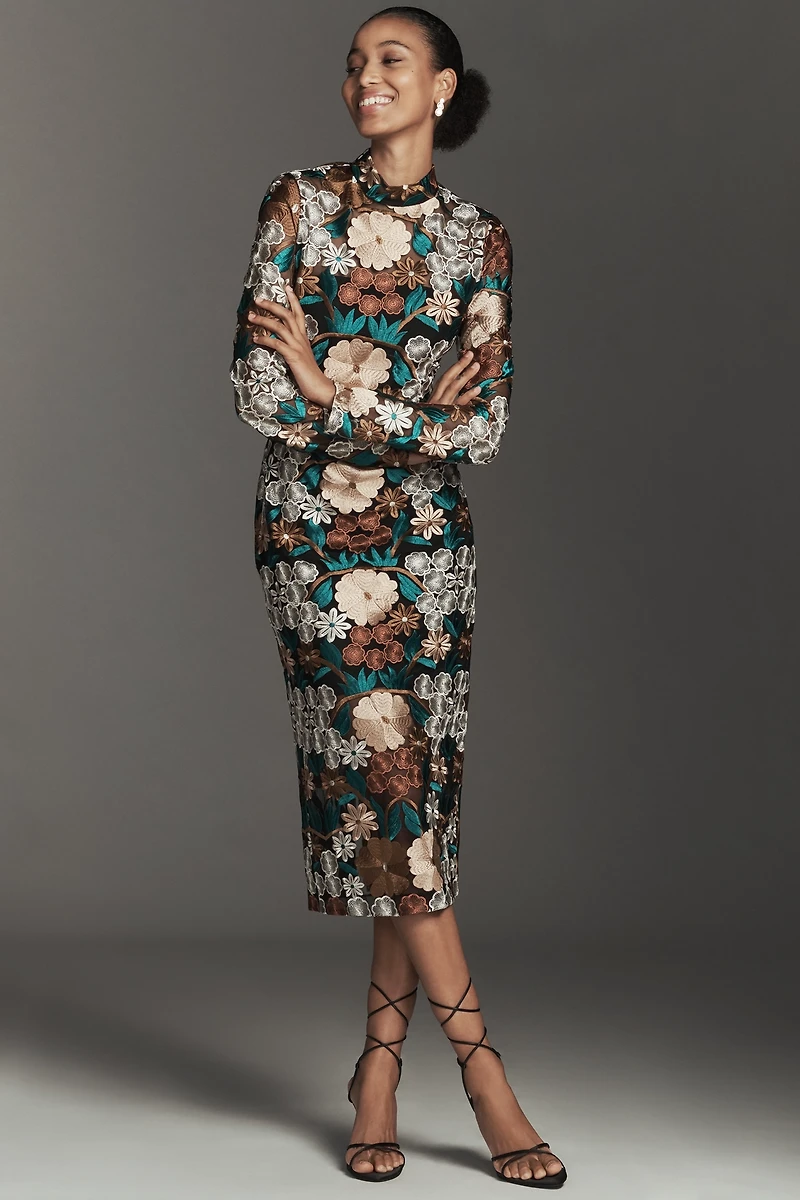 Endless Rose Long-Sleeve Mock-Neck Embroidered Midi Dress