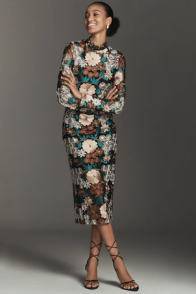 Endless Rose Long-Sleeve Mock-Neck Embroidered Midi Dress