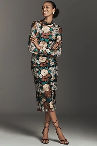 Endless Rose Long-Sleeve Mock-Neck Embroidered Midi Dress