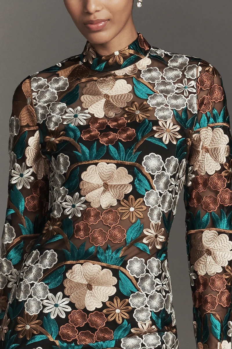 Endless Rose Long-Sleeve Mock-Neck Embroidered Midi Dress