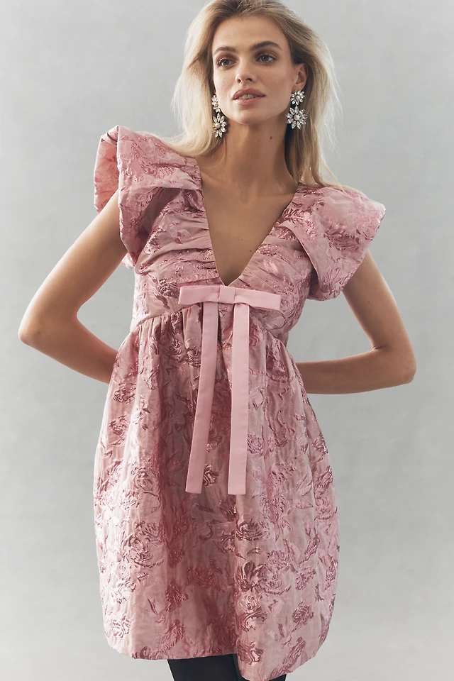 Endless Rose Ruffle-Sleeve V-Neck Babydoll Jacquard Mini Dress | The Summit