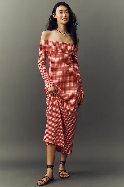 English Factory Off-Shoulder Gingham Long-Sleeve Midi Dress