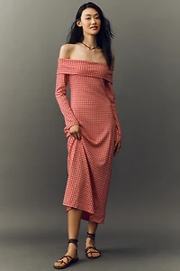 English Factory Off-Shoulder Gingham Long-Sleeve Midi Dress
