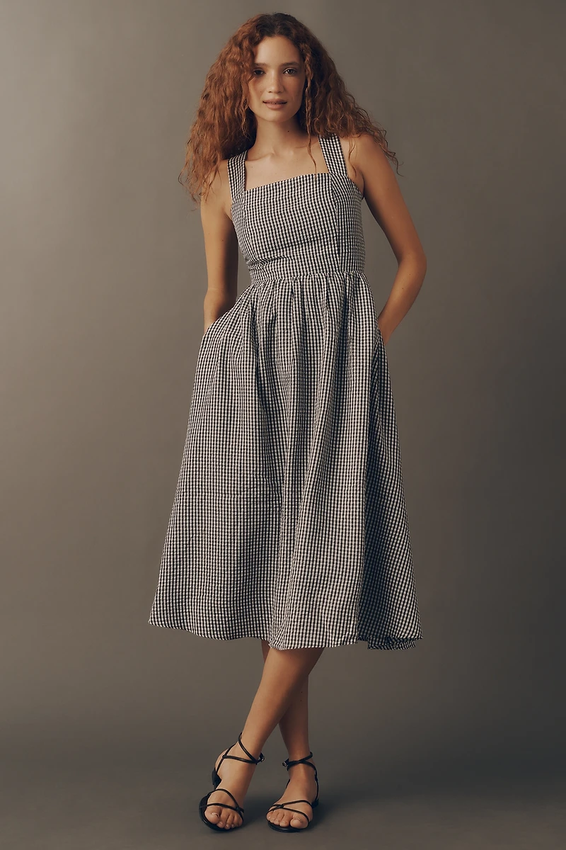 English Factory Sleeveless Square-Neck Gingham Midi Dress