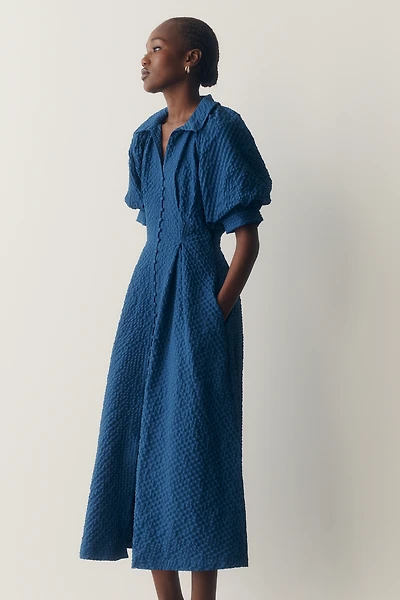 English Factory Puff-Sleeve Textured Midi Shirtdress