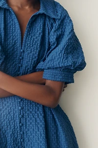 English Factory Puff-Sleeve Textured Midi Shirtdress
