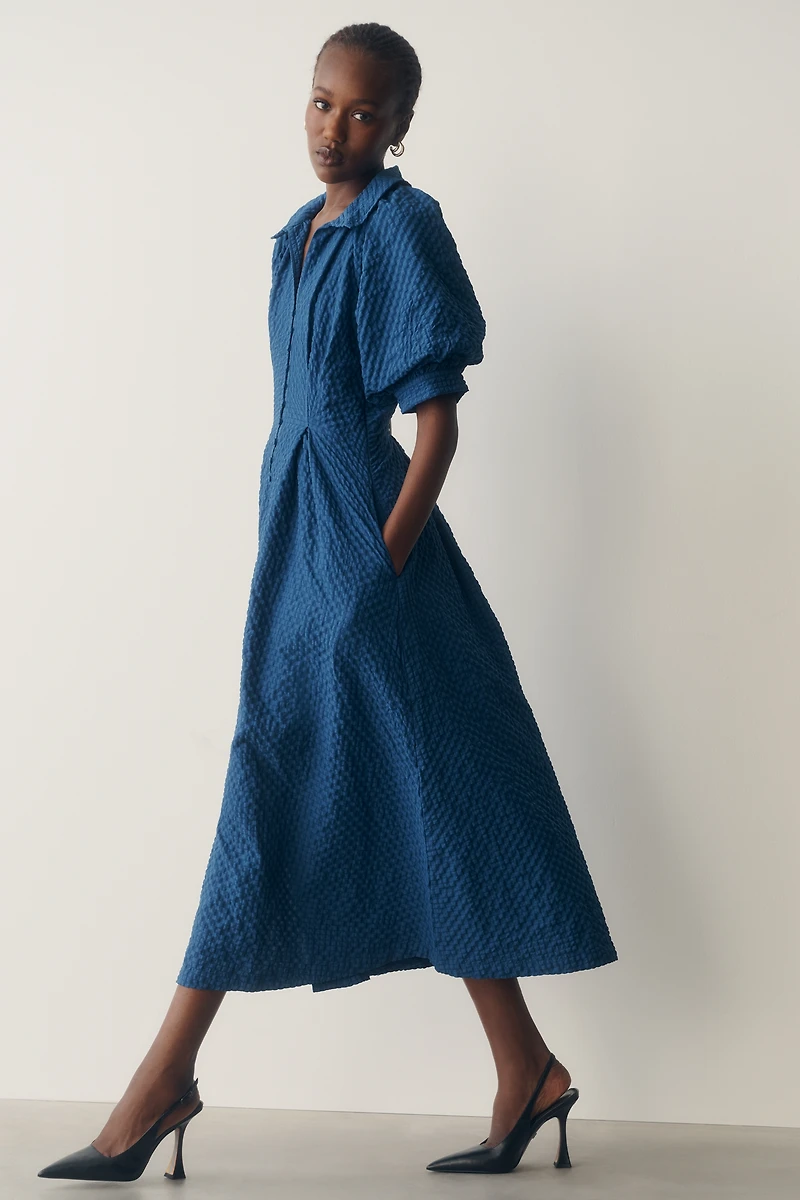 English Factory Puff-Sleeve Textured Midi Shirtdress