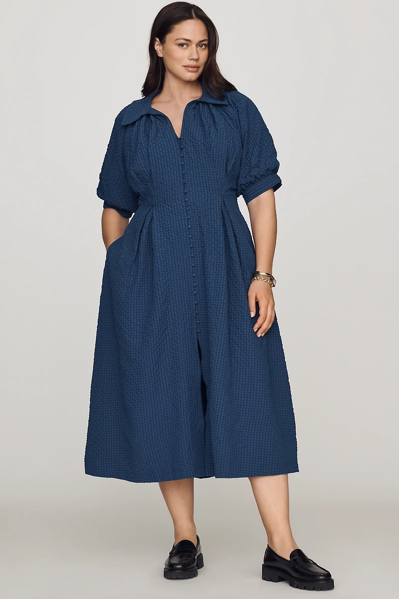 English Factory Puff-Sleeve Textured Midi Shirtdress