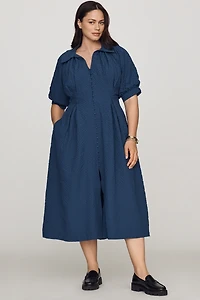 English Factory Puff-Sleeve Textured Midi Shirtdress