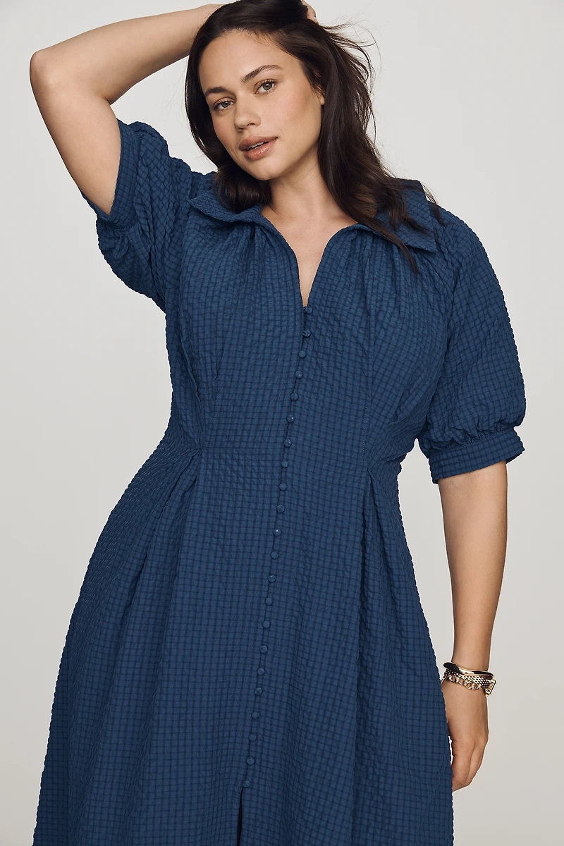 English Factory Puff-Sleeve Textured Midi Shirtdress