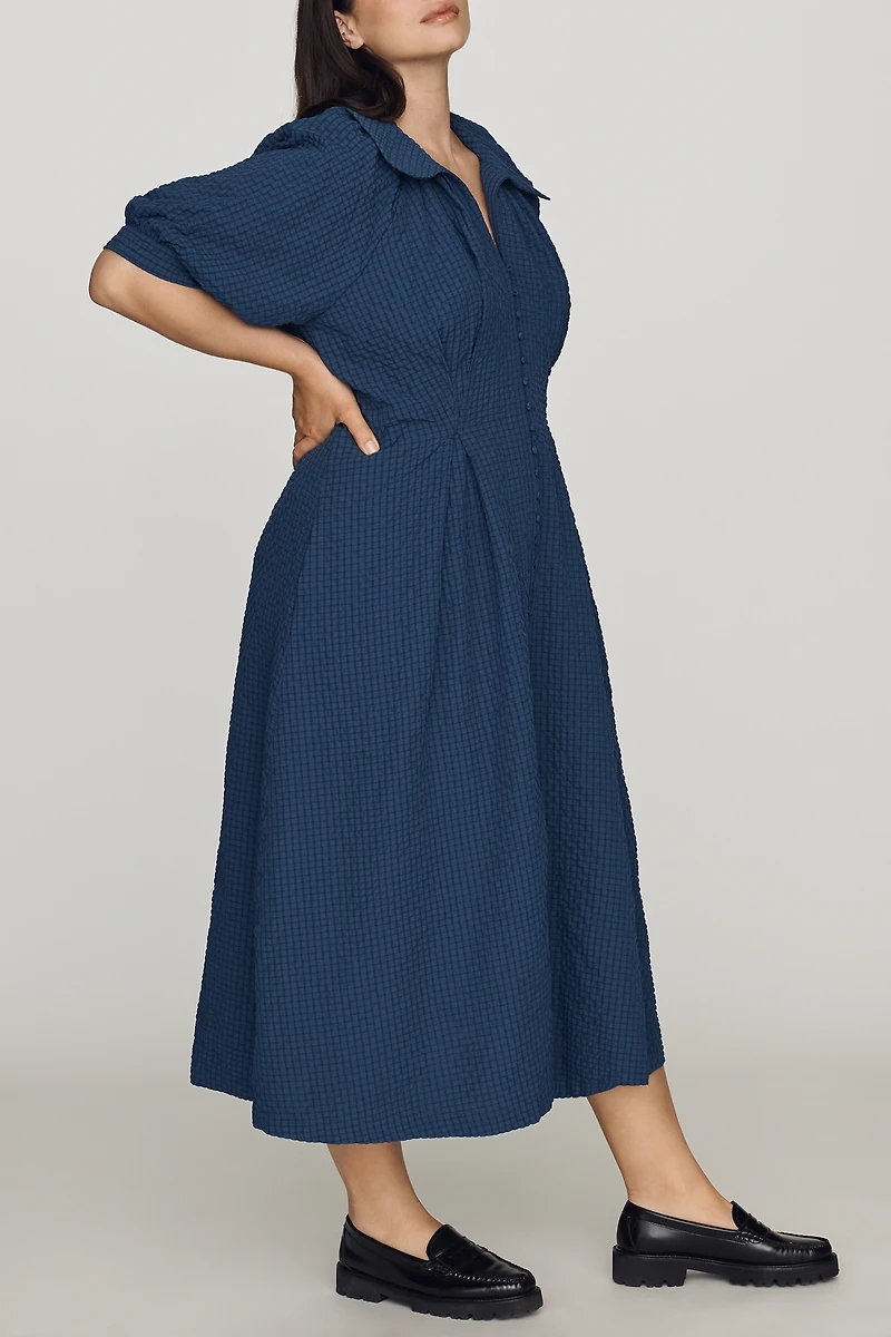 English Factory Puff-Sleeve Textured Midi Shirtdress