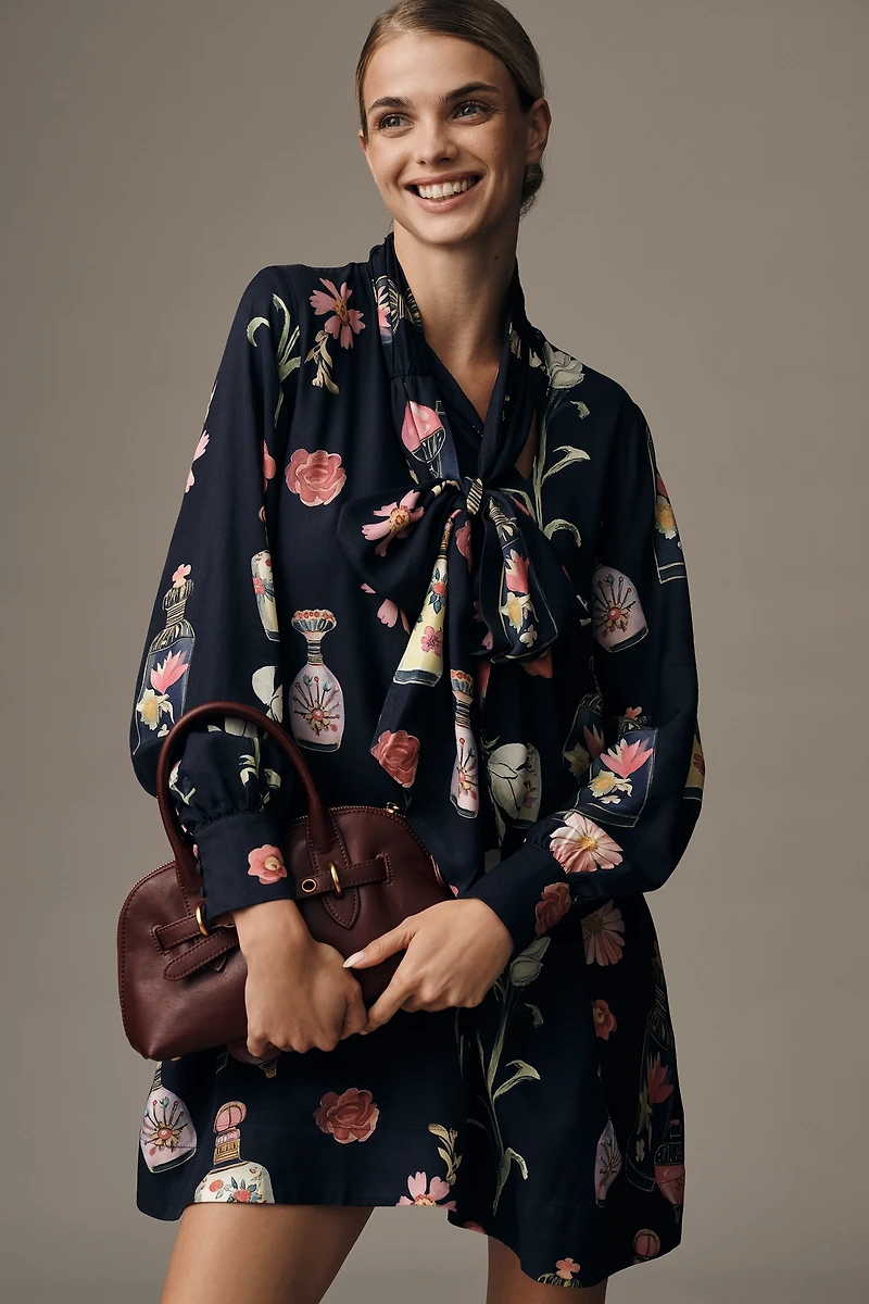 The Caroline Long-Sleeve Tie-Neck Mini Dress by Maeve