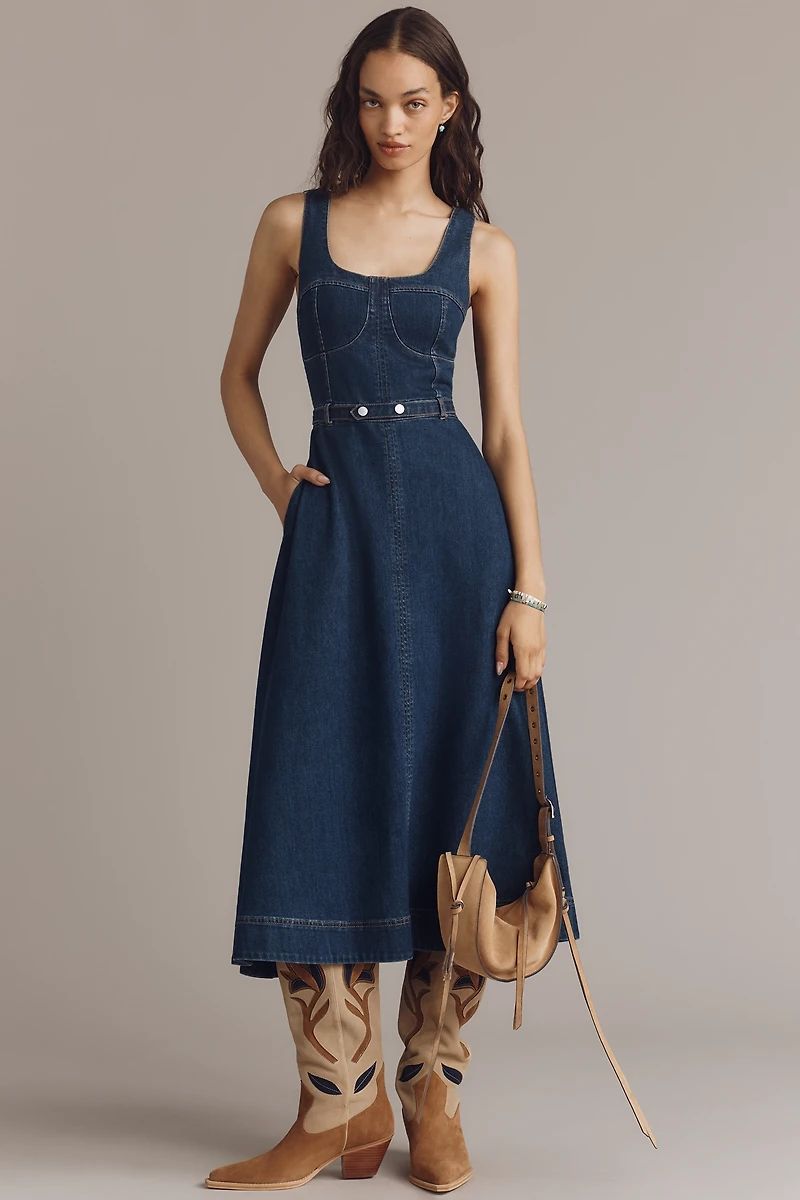 Avec Les Filles Sleeveless Belted Denim Midi Dress