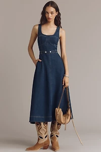 Avec Les Filles Sleeveless Belted Denim Midi Dress