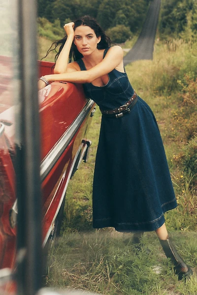 Avec Les Filles Sleeveless Belted Denim Midi Dress