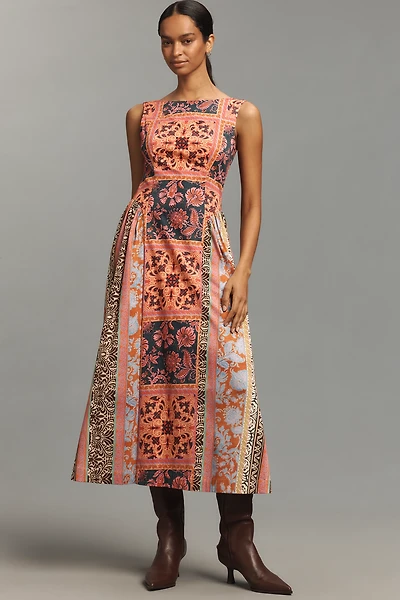 Avec Les Filles Boat-Neck Basque-Waist Midi Dress