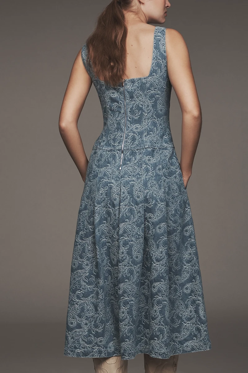Avec Les Filles Square-Neck Embroidered Denim Midi Dress