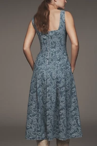 Avec Les Filles Square-Neck Embroidered Denim Midi Dress