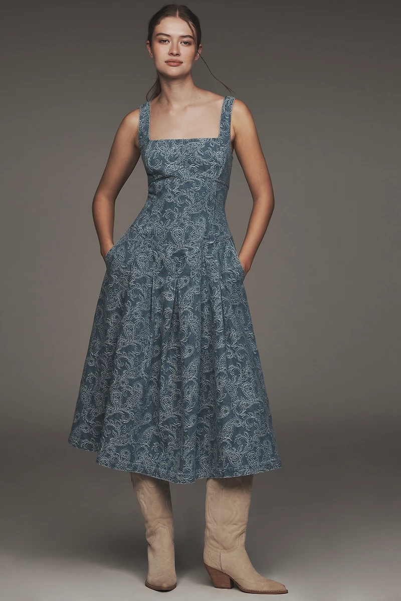 Avec Les Filles Square-Neck Embroidered Denim Midi Dress