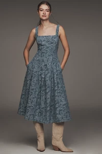 Avec Les Filles Square-Neck Embroidered Denim Midi Dress